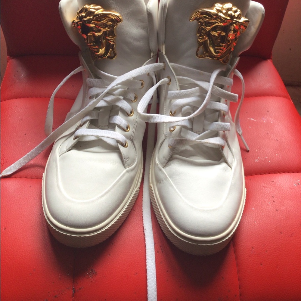 Slightly worn White Versace sneakers with Gold Medusa head on tongue